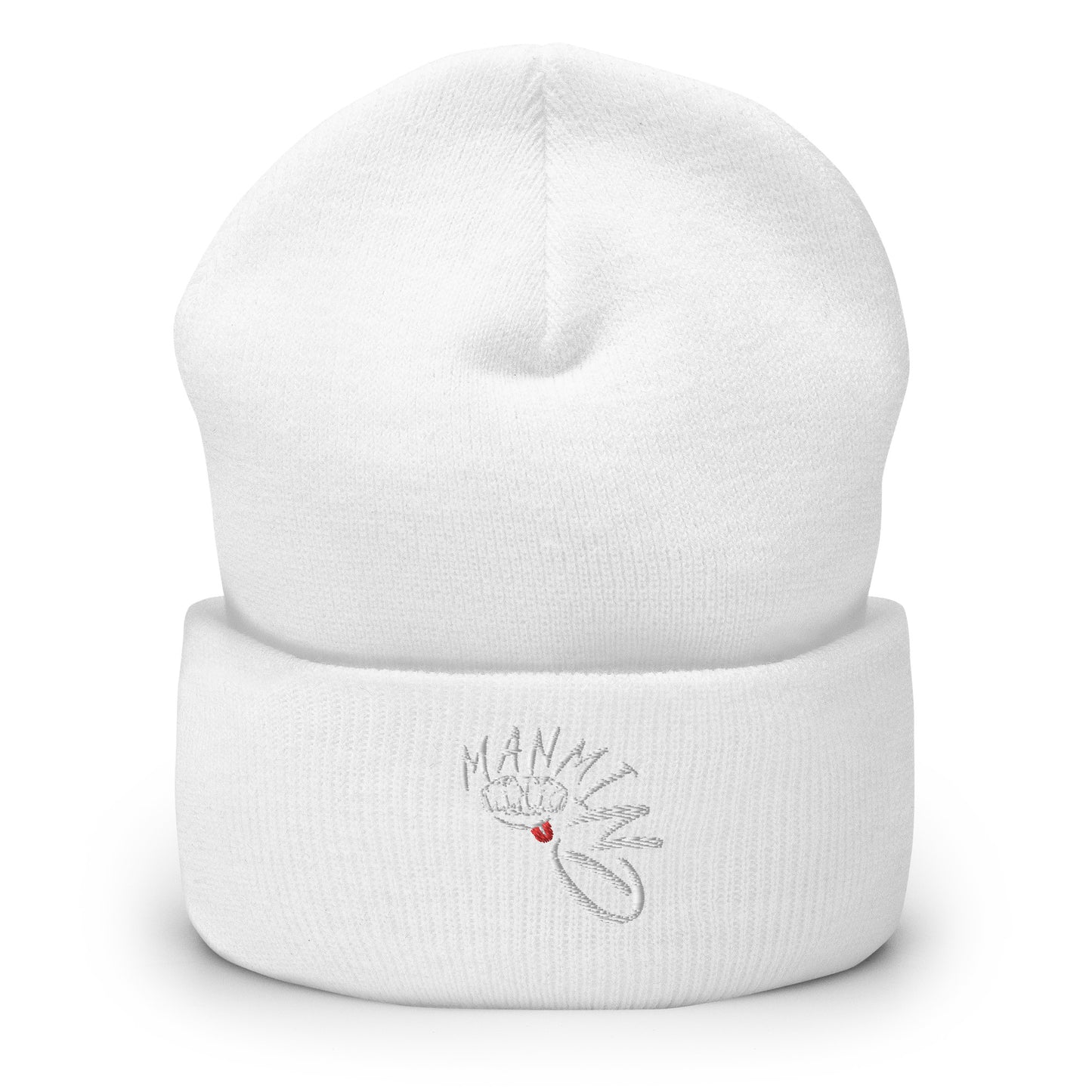 ManMind Embroidered Cuffed Beanie White